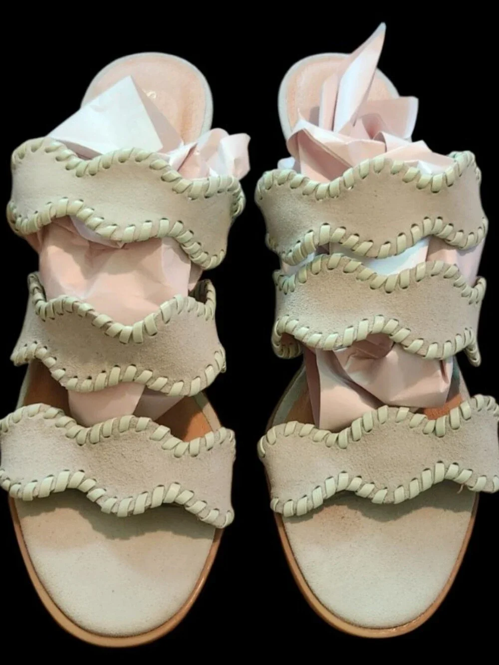 Jack Rogers Logan Mid-heal Wavy Triple-Strap Sandals Sage Mint Green Suede